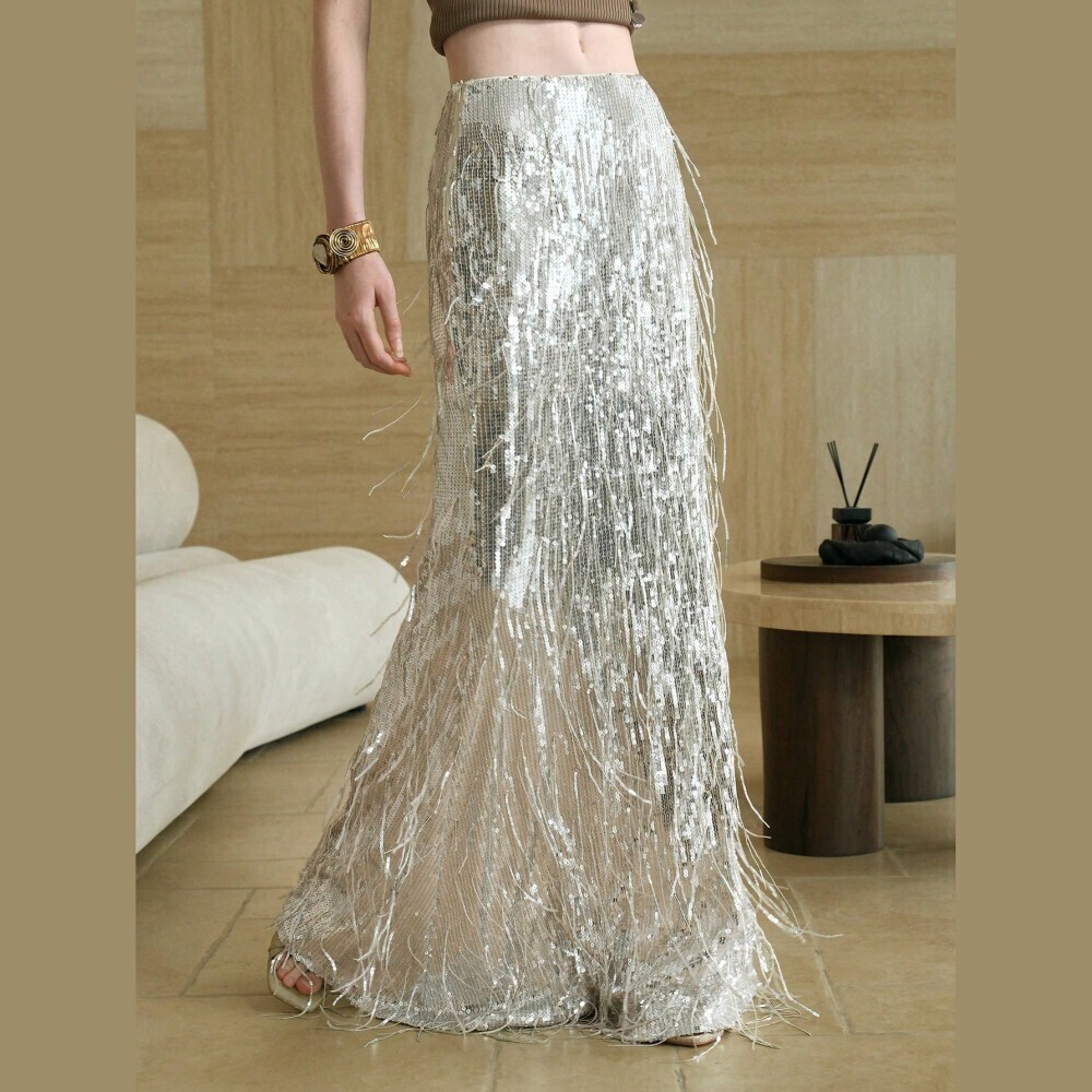 Silver Sequin Fringe Maxi Skirt with Fitted Waist